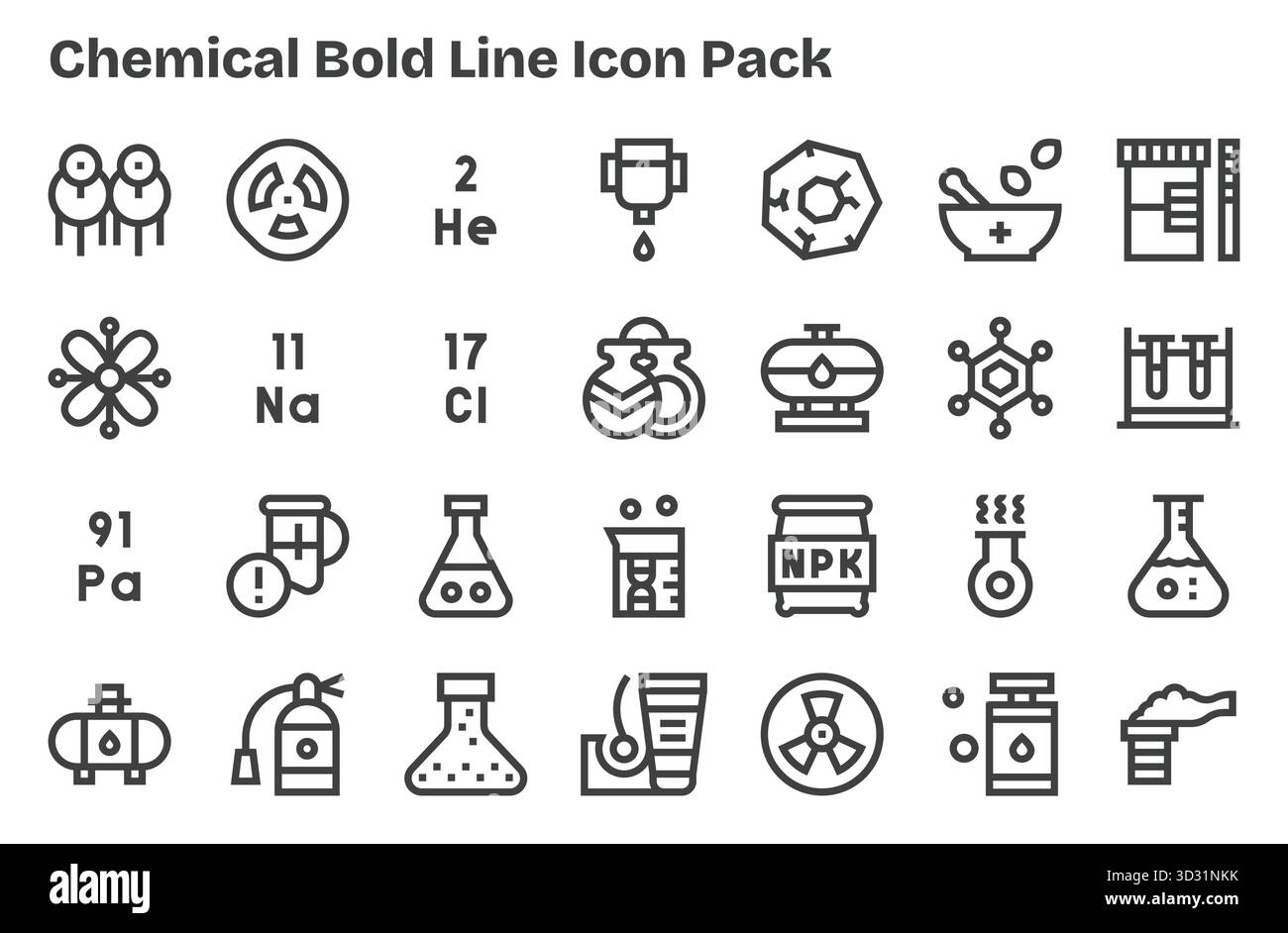Ein dynamischer Satz von 28 Symbolen im Extra Bold Line-Stil, speziell für die Chemie und für digitale Produkte geeignet. Stock Vektor