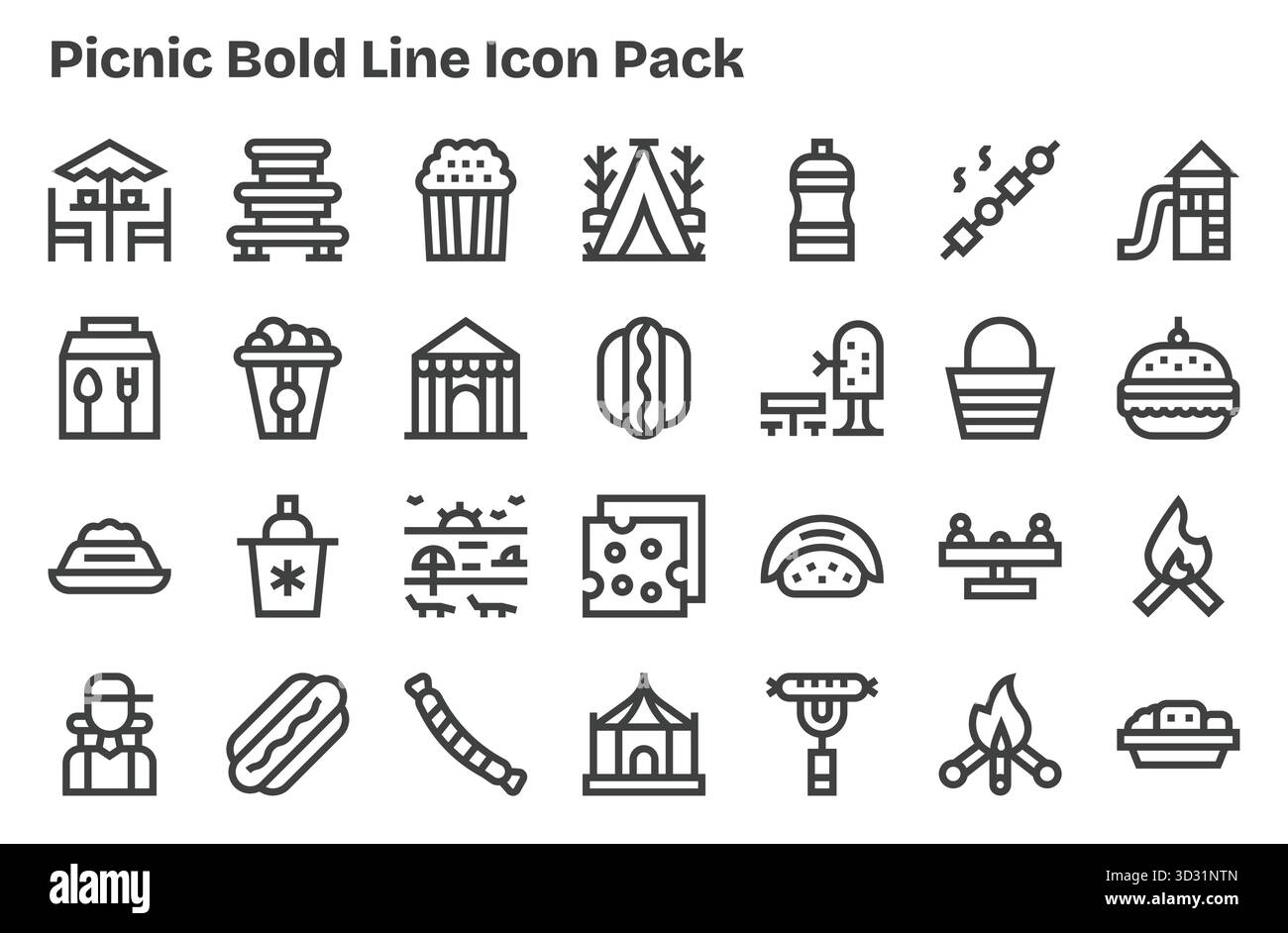 Ein dynamisches Set mit 28 Symbolen im Extra Bold Line-Stil, speziell für Picknicks und für digitale Produkte. Stock Vektor