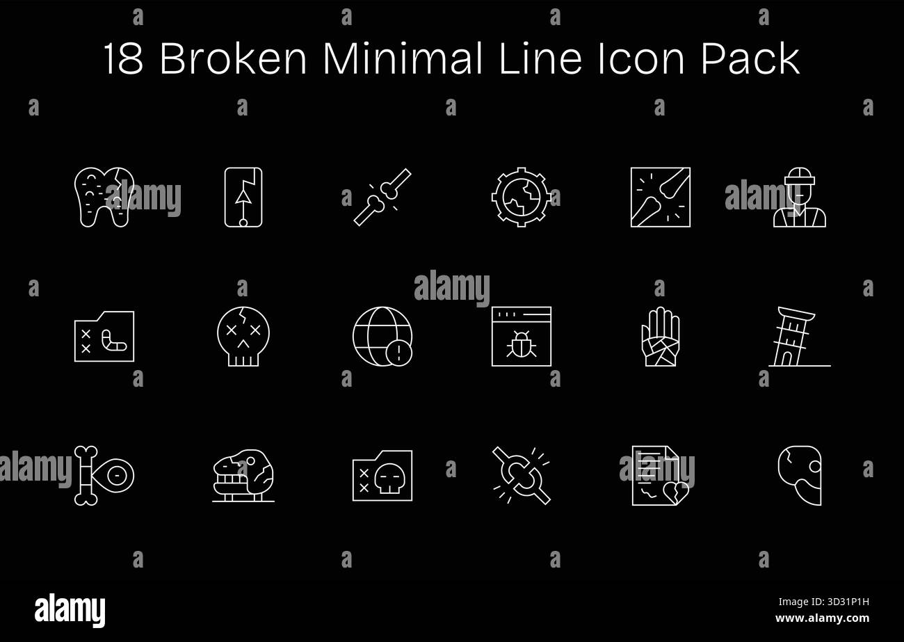 Dieses Set aus 18 Symbolen für Minimalzeilen erfasst unterbrochene Themen und eignet sich perfekt für technische und geschäftliche Anwendungen. Stock Vektor