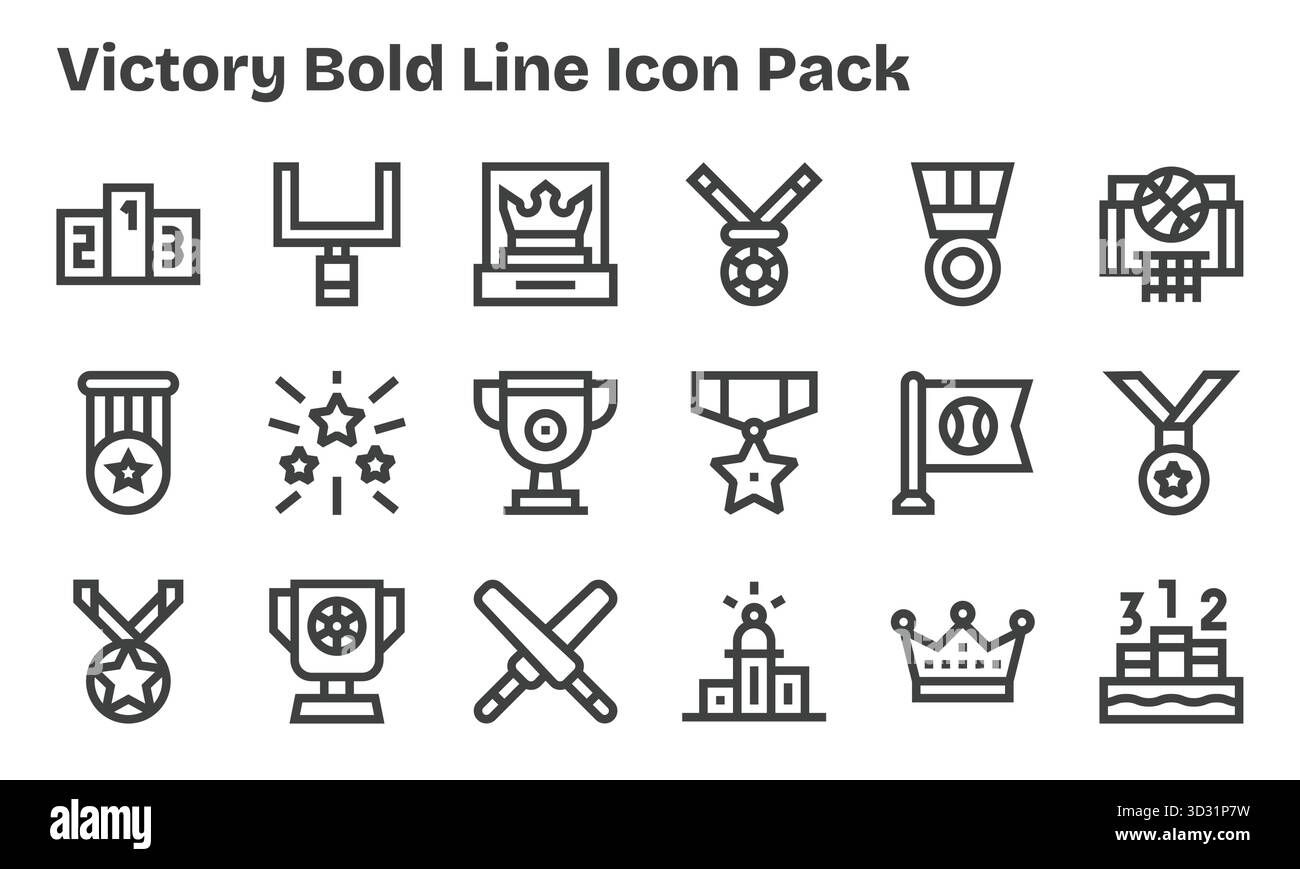 Eine übersichtliche Sammlung von 18 Bold Line Symbolen, die Victory repräsentieren und für moderne Dashboards und Schnittstellen entwickelt wurden. Stock Vektor