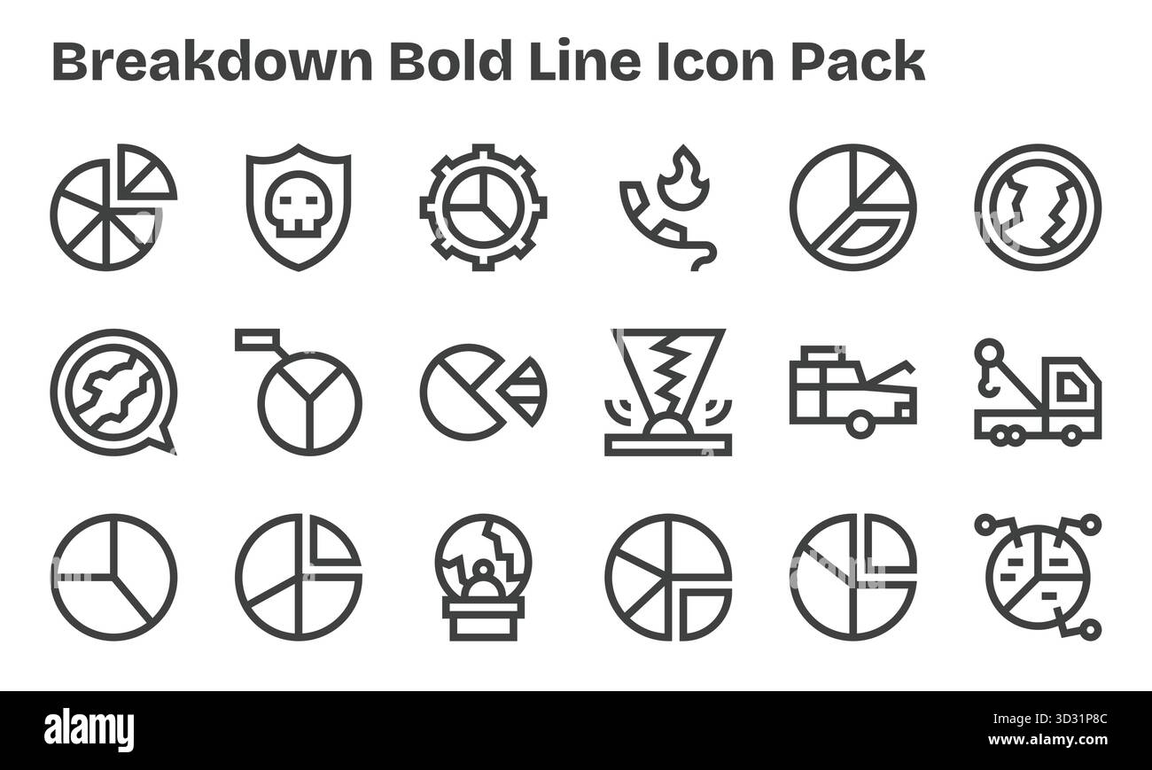 Vektorpaket mit 18 Bold Line Symbolen, inspiriert von Breakdown, ideal für skalierbare und kreative Designarbeiten. Stock Vektor