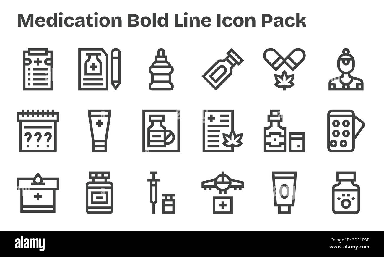 Ein dynamischer Satz von 18 Symbolen im Bold Line-Stil, speziell für Medikamente und digitale Produkte. Stock Vektor