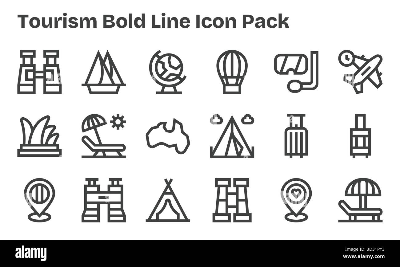 Diese Kollektion umfasst 18 Symbole im Stil der Bold Line, die speziell auf das Thema Tourismus zugeschnitten sind und sich hervorragend für digitales Design eignen. Stock Vektor