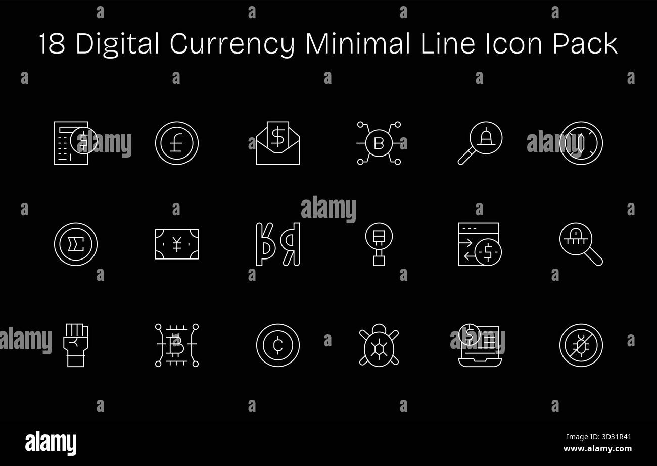 Entdecken Sie 18 Vektorsymbole im Minimal Line-Stil, die von Digital Currency inspiriert sind. Perfekt für Web- und App-Schnittstellen. Stock Vektor
