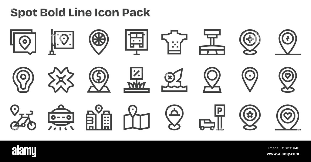 Dieses Spot-Symbol-Paket enthält 24 fett formatierte Konturvektoren, die perfekt für die Verbesserung digitaler Schnittstellen geeignet sind. Stock Vektor