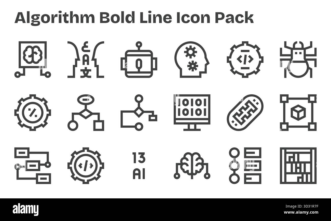 Diese Kollektion umfasst 18 Symbole im Stil der Bold Line, die speziell auf das Algorithmus-Design zugeschnitten sind und sich hervorragend für digitales Design eignen. Stock Vektor