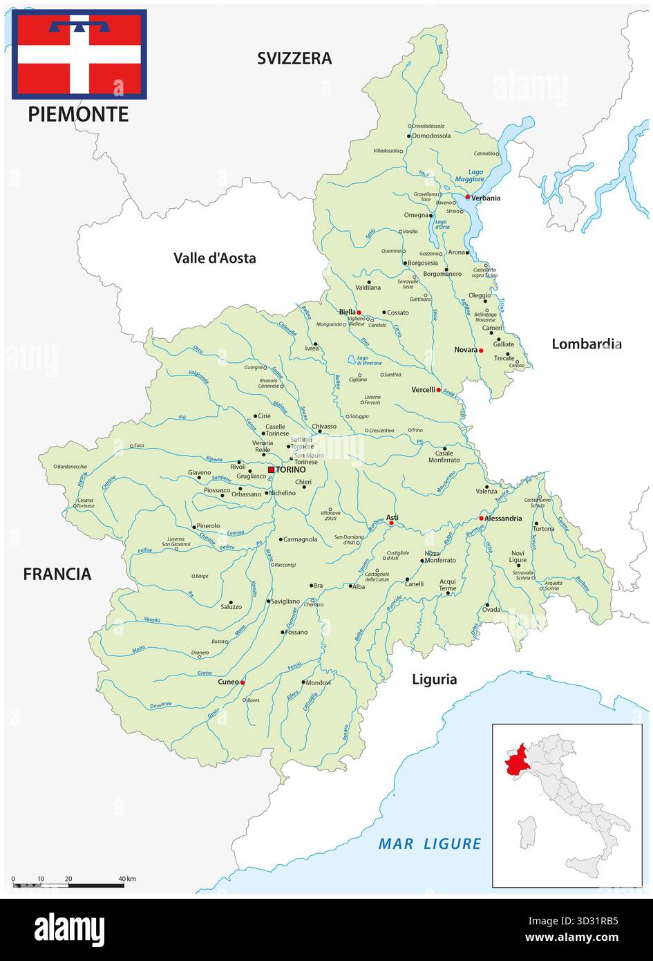 Karte der nordwestlichen italienischen Region Piemont Stockfoto