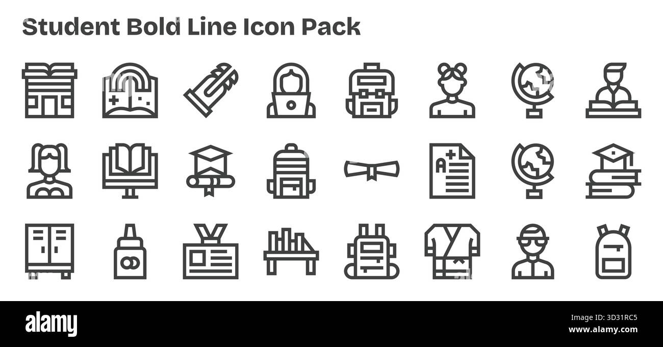 Vektorpaket mit 24 fett formatierten Symbolen, inspiriert vom Schüler, ideal für skalierbare und kreative Designarbeiten. Stock Vektor