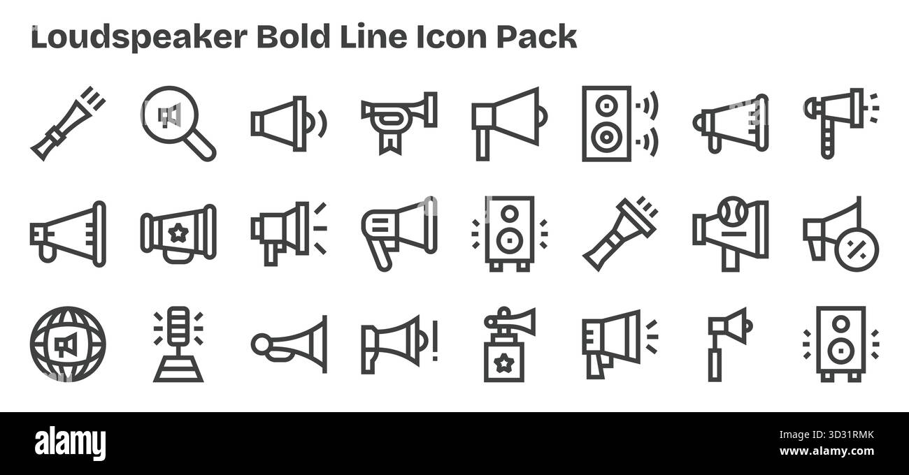 Entdecken Sie ein Set von 24 Bold Outline-Symbolen, die speziell für das Lautsprecherdesign entwickelt wurden und sich ideal für moderne UI/UX-Projekte eignen. Stock Vektor