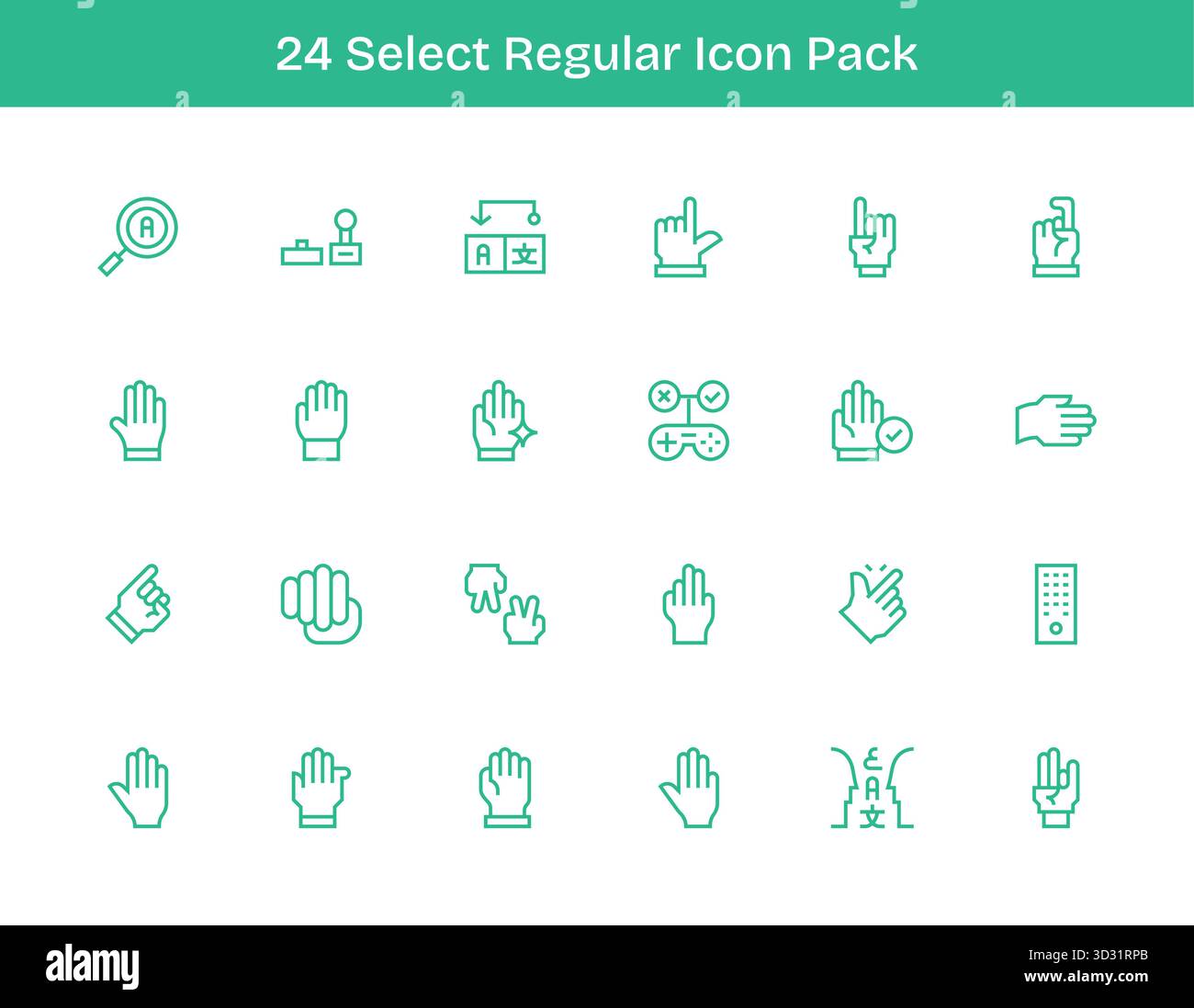 Kuratiertes Paket mit 24 Vektorsymbolen in regulärem Outline-Design, zentriert um Select-Konzepte. Stock Vektor