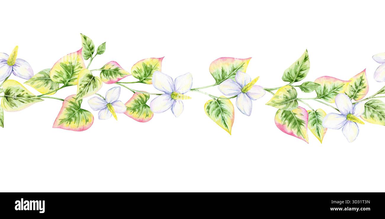 Handgezeichneter botanischer Rand aus Aquarellclipart mit rosa und grünen Blättern mit zarten Blüten. Perfekt für Grußkarten, Hochzeitsunterlagen, Seitenteiler und Produktetiketten Stockfoto