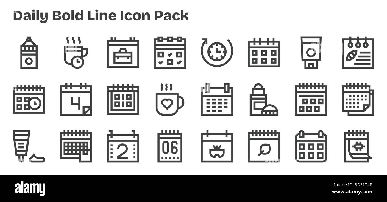 Ein vielseitiger Satz von 24 fett formatierten Vektorsymbolen für den täglichen Gebrauch, ideal für mobile Anwendungen und Webanwendungen. Stock Vektor