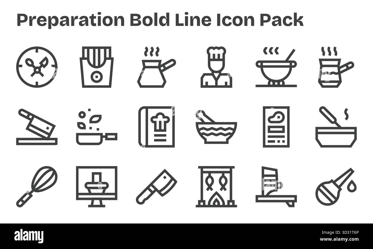 Entdecken Sie ein Set von 18 Bold Line Symbolen, die speziell für die Vorbereitung entwickelt wurden und ideal für moderne UI/UX-Projekte geeignet sind. Stock Vektor