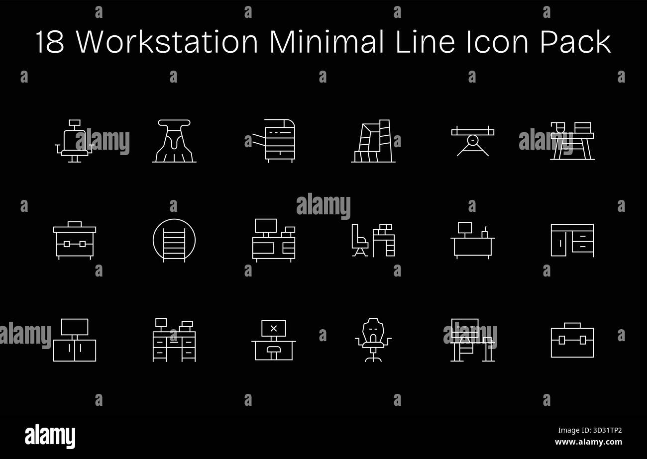 Professionell gestaltete 18 Symbole im Minimal Line-Stil, die das Wesen der Workstation für das UI-Design widerspiegeln. Stock Vektor