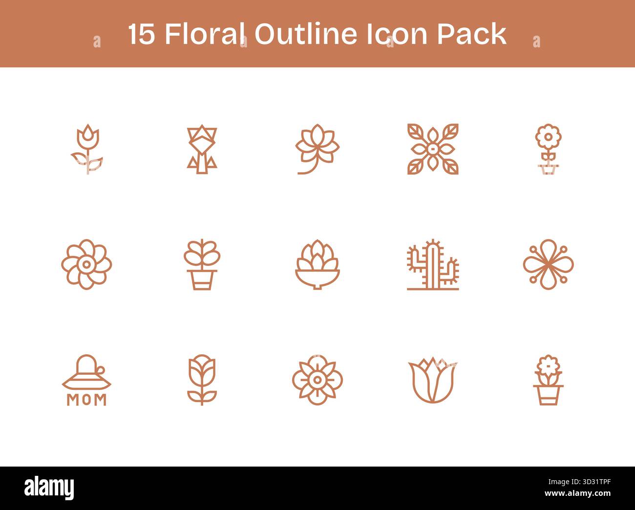 Ein dynamisches Set aus 15 Symbolen im Outline-Stil, speziell für Blumen und digitale Produkte. Stock Vektor
