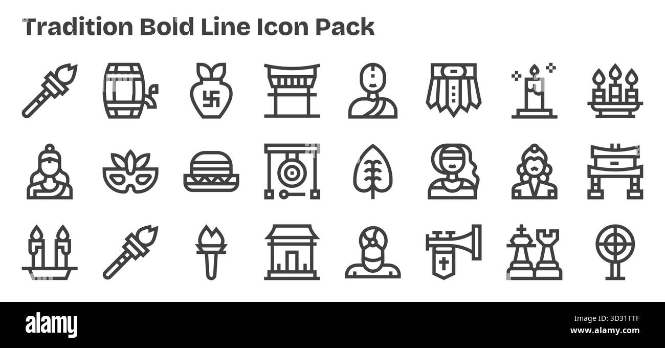 Dieses traditionelle Icon-Paket enthält 24 Bold Outline-Vektoren, die perfekt für die Verbesserung digitaler Schnittstellen geeignet sind. Stock Vektor