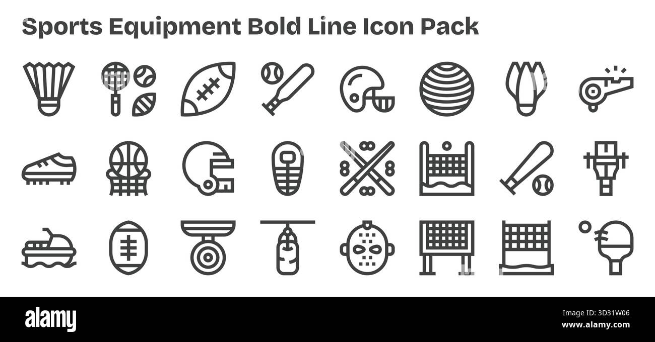 Vektorpaket mit 24 auffälligen Outline-Symbolen, inspiriert von Sportausrüstung, ideal für skalierbare und kreative Designarbeiten. Stock Vektor