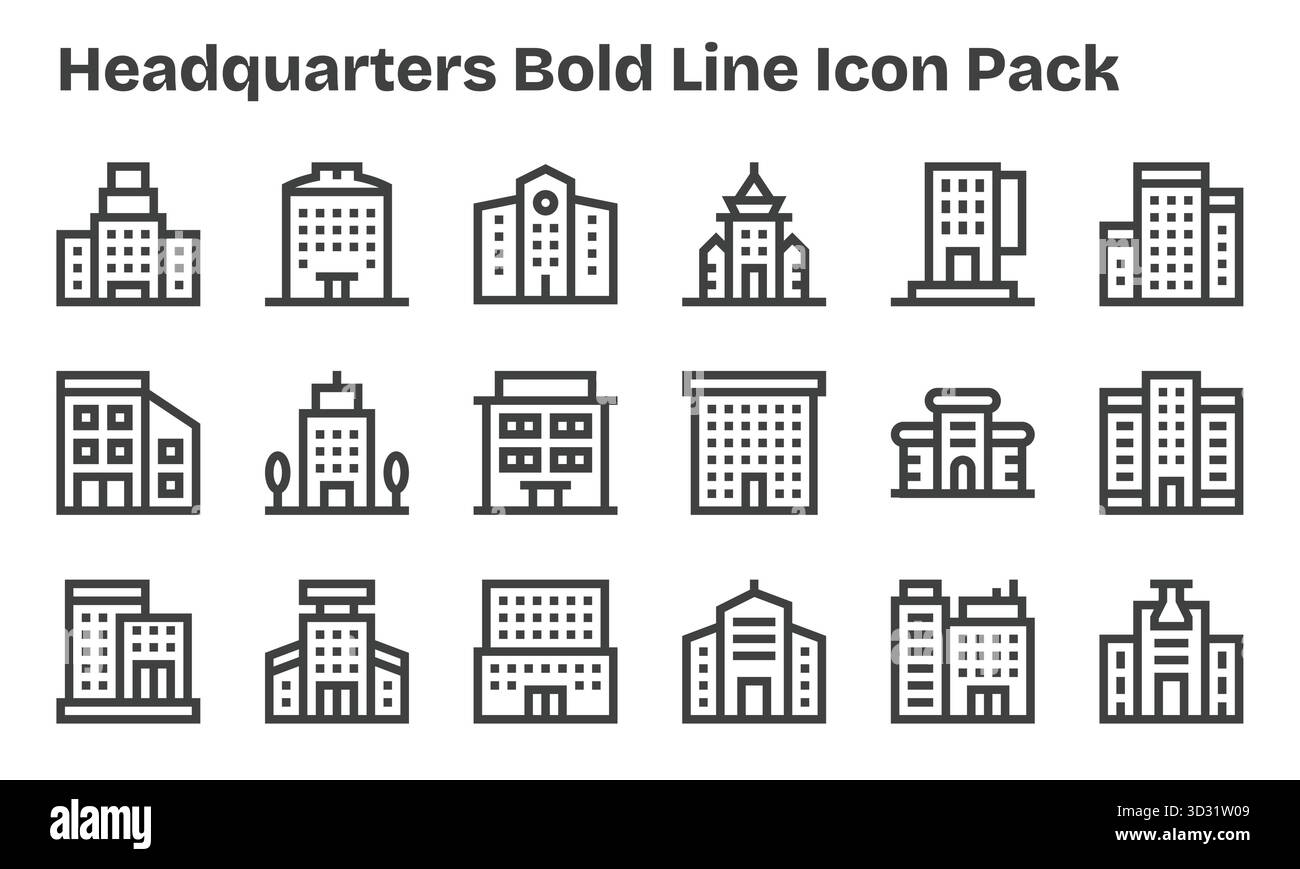 Diese Kollektion umfasst 18 Symbole im Stil der Bold Line, die speziell auf das Thema des Hauptsitzes zugeschnitten sind und sich hervorragend für digitales Design eignen. Stock Vektor