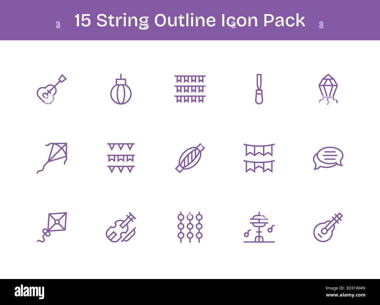 Ein vielseitiger Satz von 15 Konturvektorsymbolen mit Fokus auf String, ideal für mobile und Web-Anwendungen. Stock Vektor