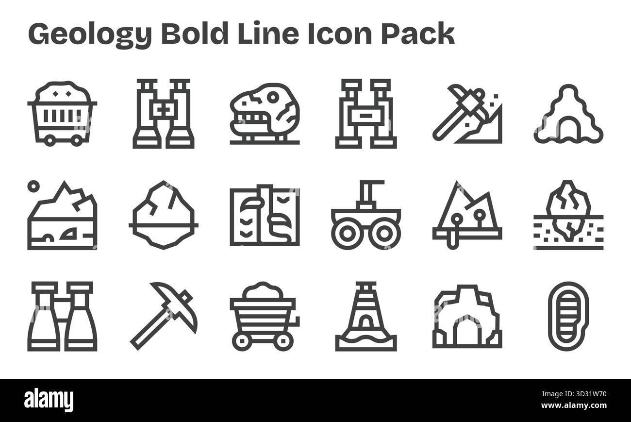 Dieses Set aus 18 Symbolen mit fettgedruckter Linie erfasst geologische Themen, die sich perfekt für technische und geschäftliche Anwendungen eignen. Stock Vektor