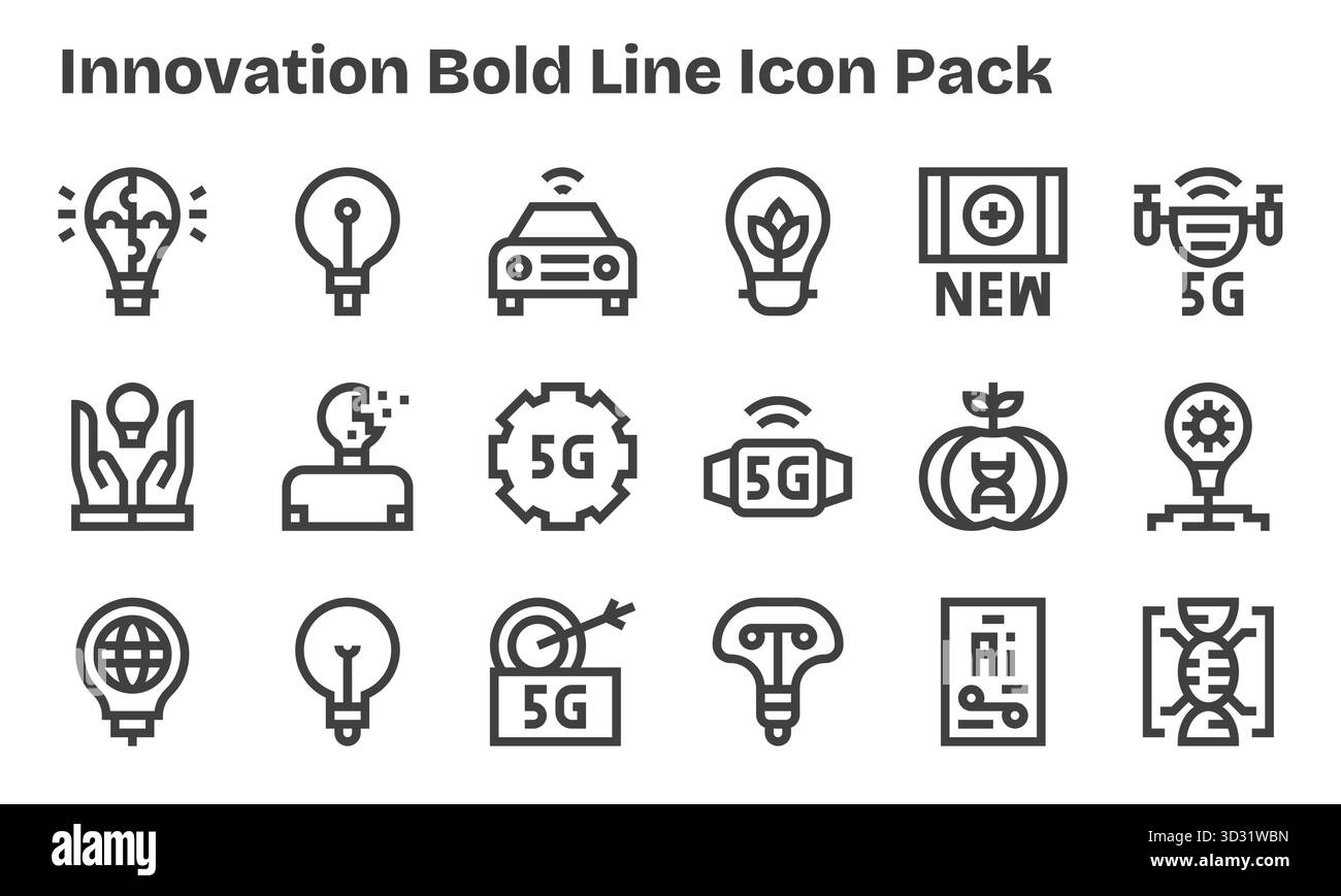 Optimieren Sie Ihre Projekte mit 18 Bold Line Symbolen, die sich um Innovation drehen und sich ideal für saubere und professionelle Designs eignen. Stock Vektor