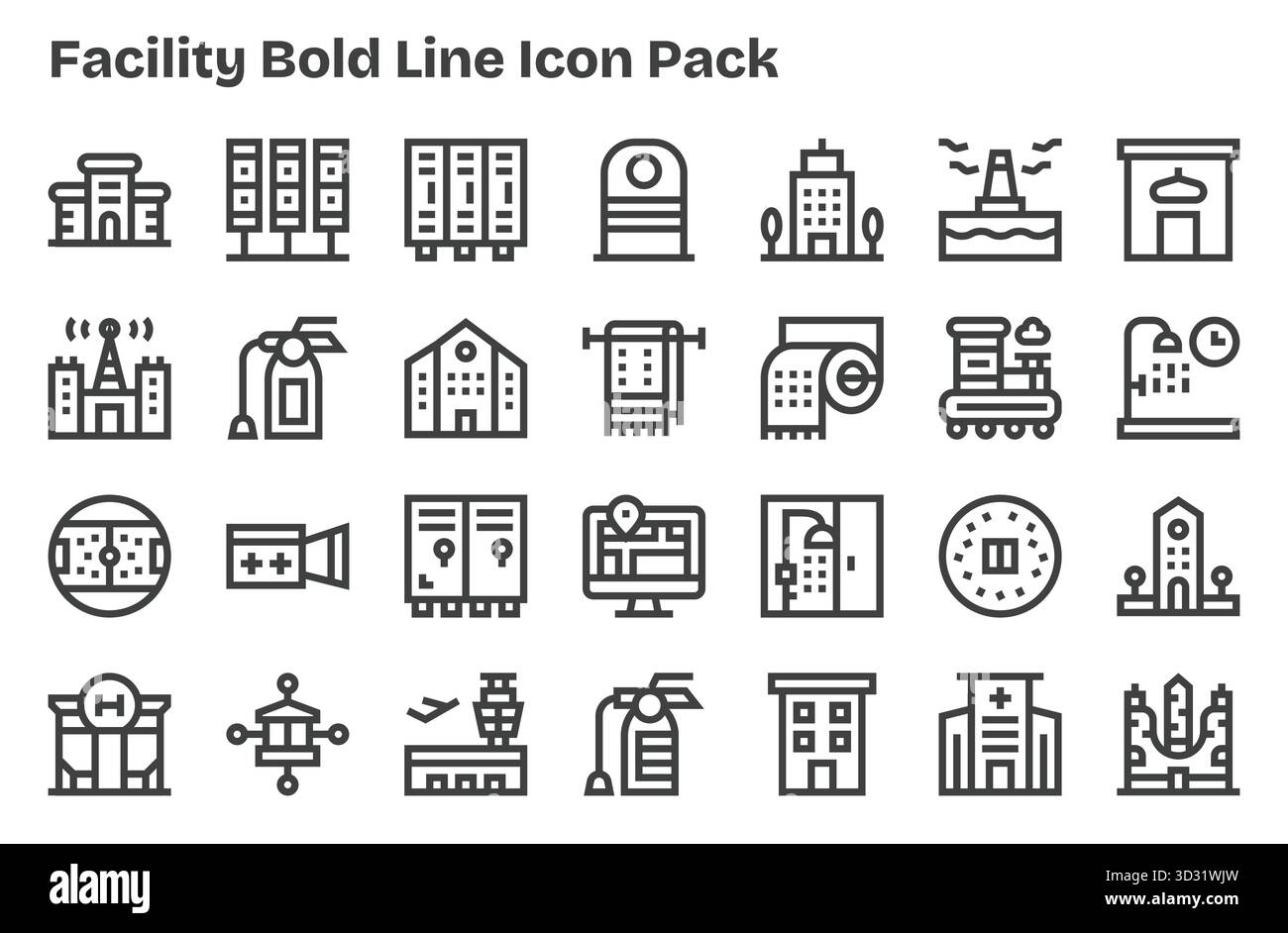 Diese Kollektion umfasst 28 Symbole im Extra Bold Line-Stil, die speziell auf das Facility-Thema zugeschnitten sind und sich hervorragend für digitales Design eignen. Stock Vektor