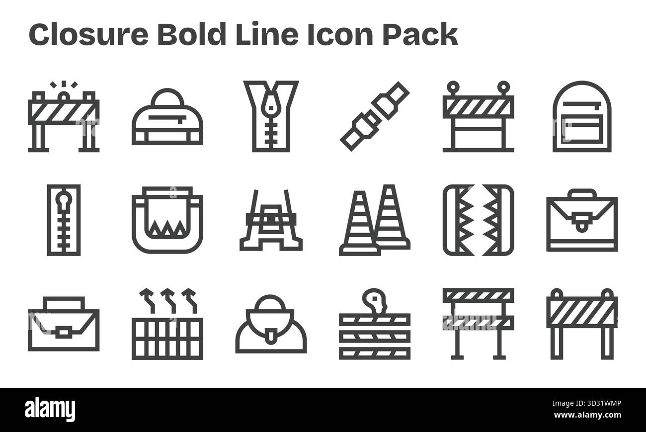 Eine übersichtliche Sammlung von 18 Bold Line Symbolen für den Verschluss, die für moderne Dashboards und Schnittstellen entwickelt wurden. Stock Vektor