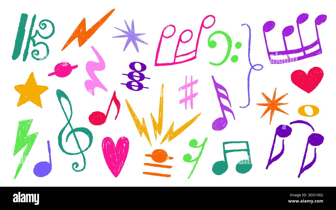 Farbenfrohe Buntstift-Notenset mit handgezeichneten Pinselvektorelementen und Kreidekritzelsymbolen für kreative Designs. Musikalische Herzen mit Sternen und Blitzen. Spielerische künstlerische Kinderskizzen. Stock Vektor