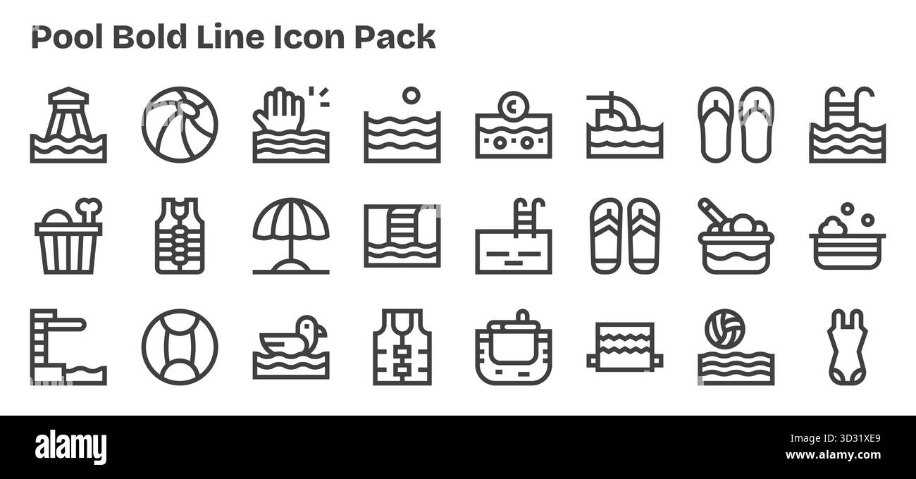 Diese Kollektion bietet 24 Symbole im Stil der „Bold Outline“, die speziell auf das Thema „Pool“ abgestimmt sind und sich hervorragend für digitales Design eignen. Stock Vektor