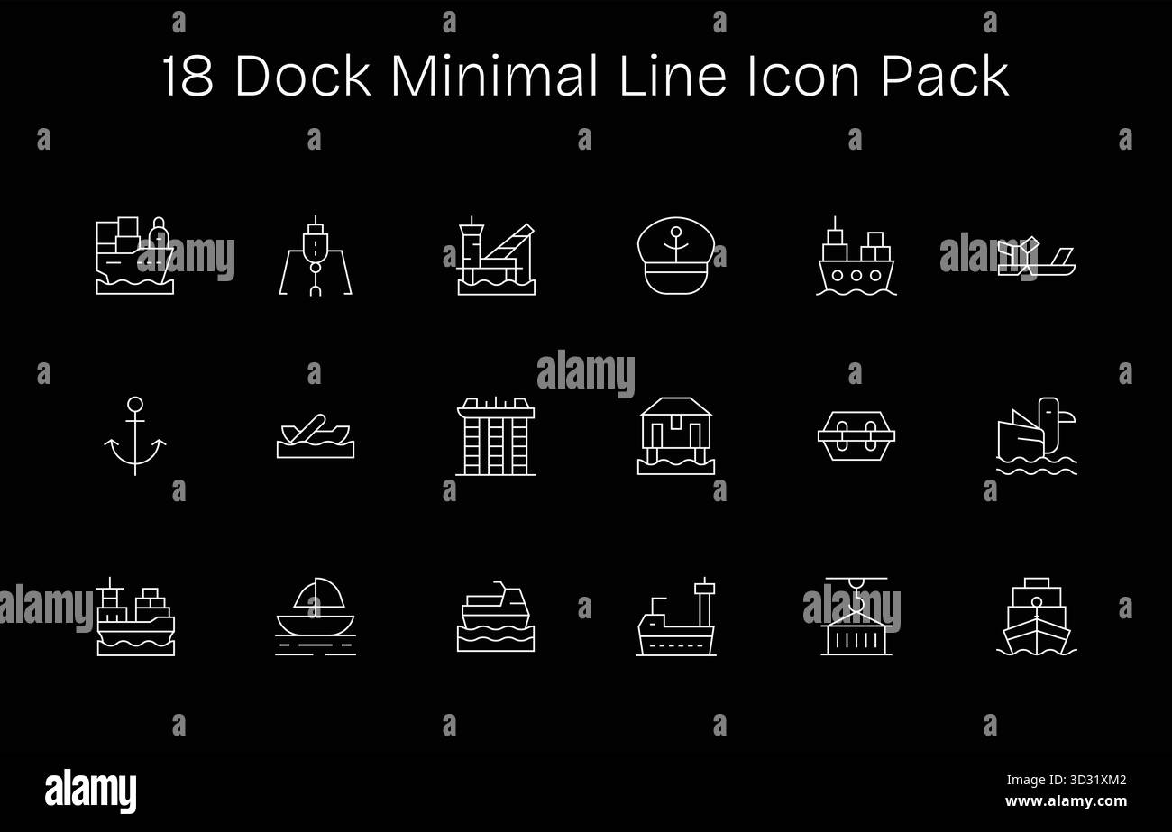 Diese Kollektion umfasst 18 Symbole im minimalen Line-Stil, die speziell auf das Dock-Thema abgestimmt sind und sich hervorragend für digitales Design eignen. Stock Vektor