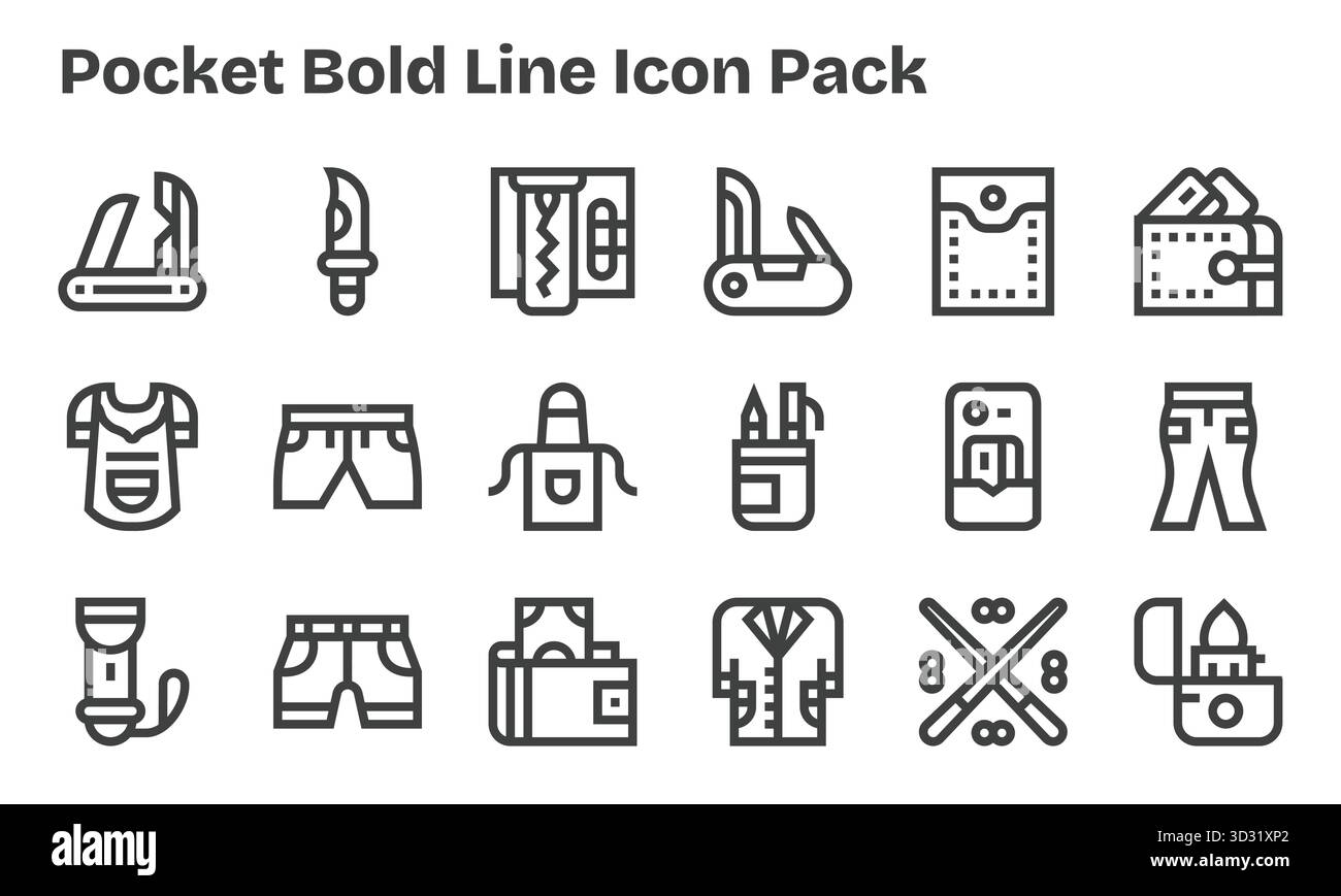 Entdecken Sie ein Set von 18 Bold Line Symbolen, die speziell für das Pocket-Design entwickelt wurden und sich ideal für moderne UI/UX-Projekte eignen. Stock Vektor