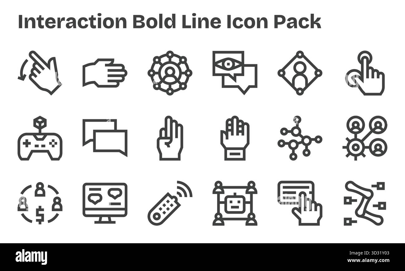 Ein vielseitiger Satz von 18 Vektorsymbolen mit Schwerpunkt auf Interaktion, ideal für mobile Anwendungen und Webanwendungen. Stock Vektor