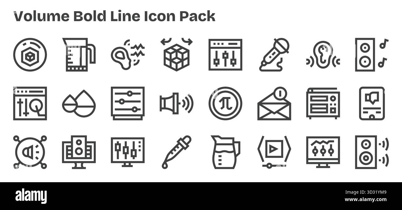 Vektorpaket mit 24 fett formatierten Kontursymbolen, inspiriert von Volume, ideal für skalierbare und kreative Designarbeiten. Stock Vektor