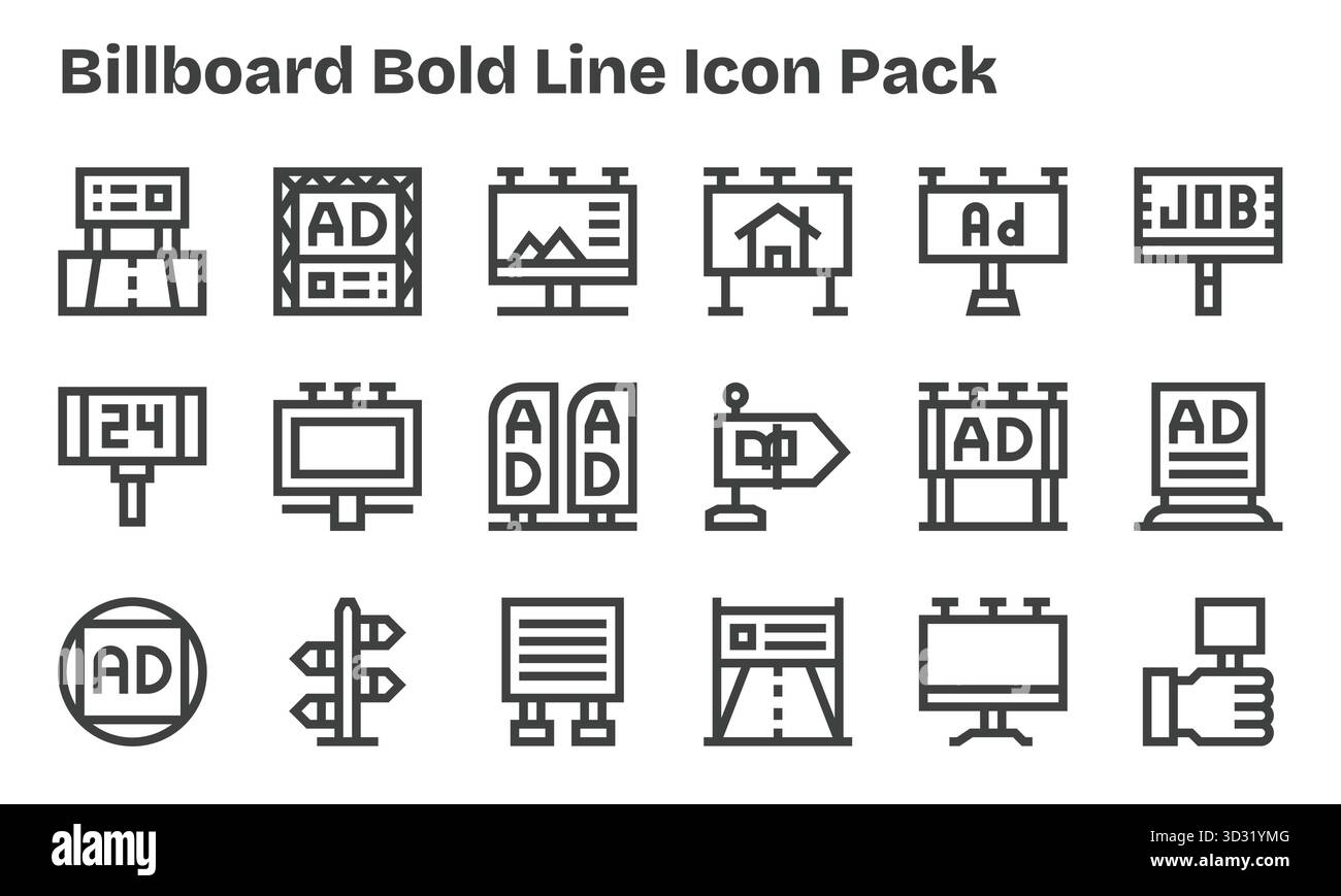 Laden Sie 18 skalierbare Symbole in Form von Bold Line für Reklametafeln herunter, die für professionelle und kreative Projekte geeignet sind. Stock Vektor
