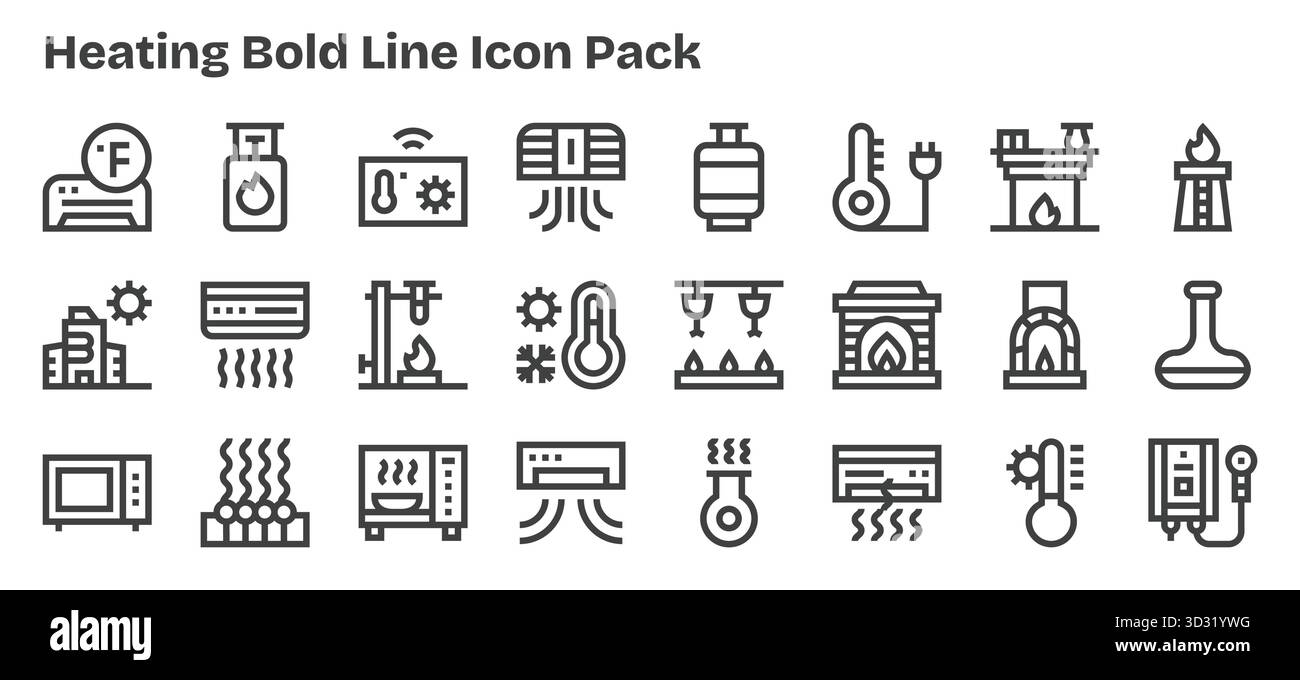 Ein vielseitiger Satz von Vektorsymbolen mit 24 fett formatierten Konturen, die sich auf Heizung konzentrieren, ideal für mobile Anwendungen und Webanwendungen. Stock Vektor
