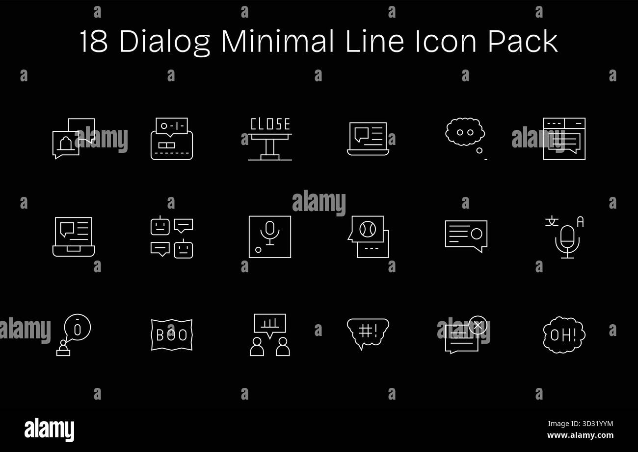 Professionell gestaltete 18 Symbole im Minimal Line-Stil, die das Wesen von Dialogen für das UI-Design erfassen. Stock Vektor