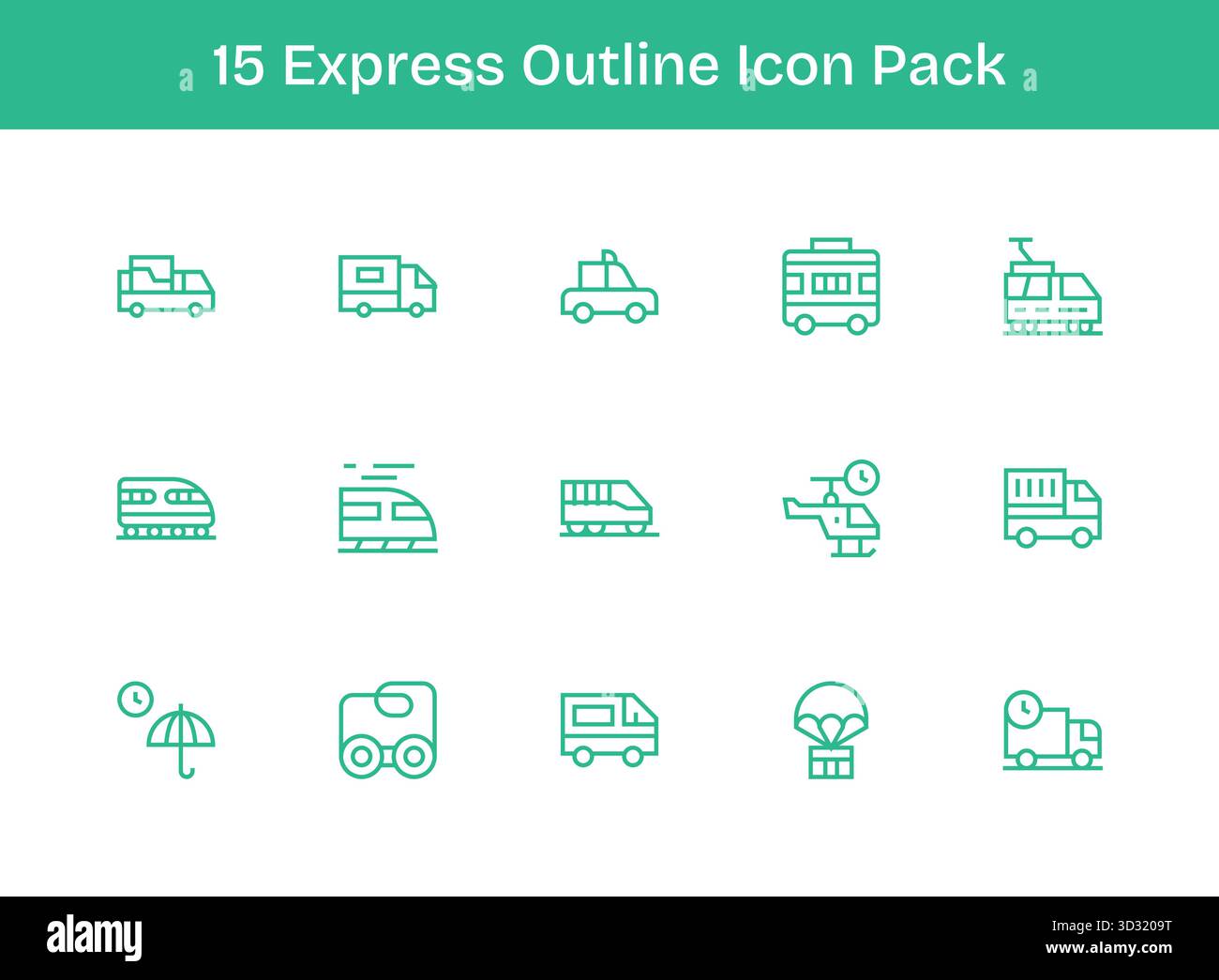 Ein vielseitiger Satz von 15 Konturvektorsymbolen mit Fokus auf Express, ideal für mobile und Web-Anwendungen. Stock Vektor