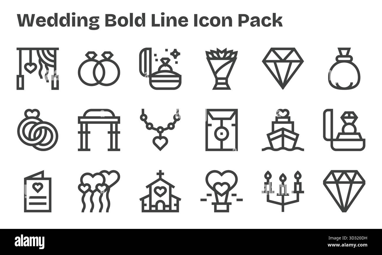 Professionell gestaltete 18 Ikonen im Bold Line-Stil, die das Wesen der Hochzeit mit UI-Design einfangen. Stock Vektor