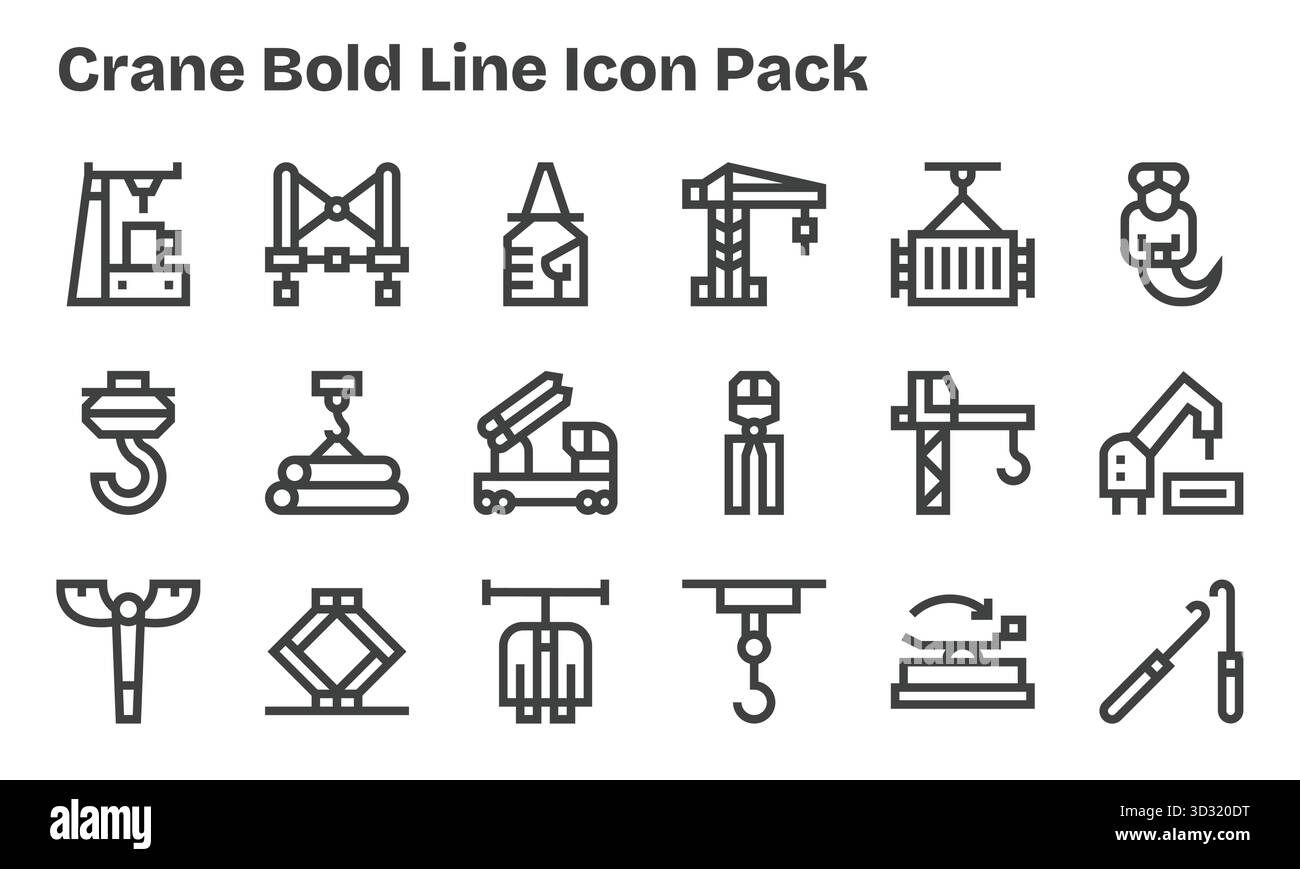 Kollektion von 18 Vektorsymbolen im Stil der Bold Line für Crane, die für Klarheit und Vielseitigkeit entwickelt wurden. Stock Vektor