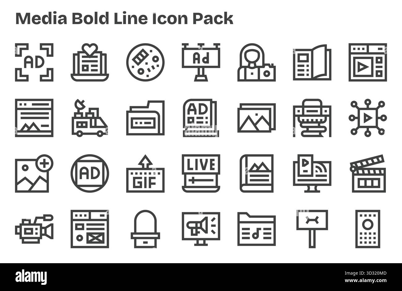Set aus 28 Symbolen im Stil der extra Bold Line, die sich mit Medien befassen und für die nahtlose Integration in Apps und Websites konzipiert wurden. Stock Vektor