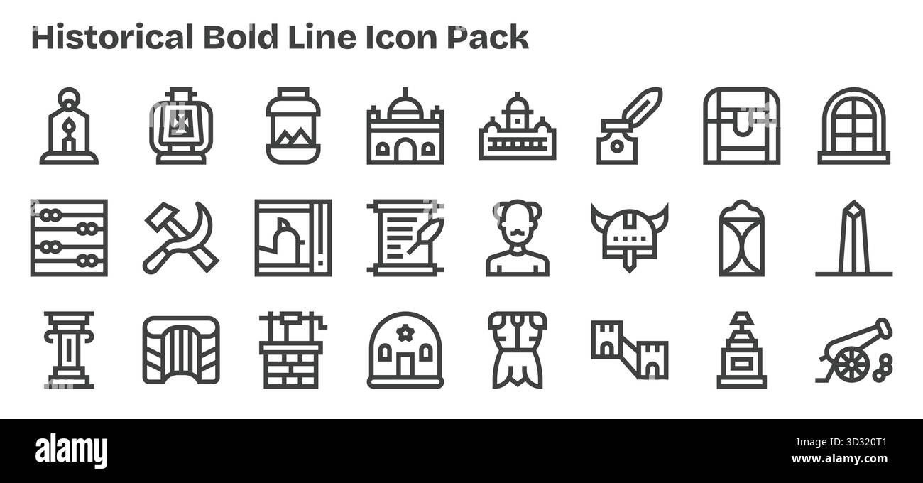 Entdecken Sie ein Set von 24 Bold Outline-Symbolen, die für das historische Thema entwickelt wurden und ideal für moderne UI/UX-Projekte sind. Stock Vektor