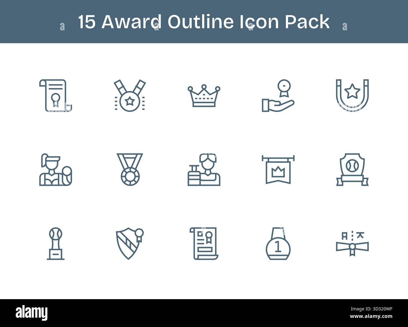 Ein vielseitiges Set von 15 Vektorsymbolen für Outline-Vektorsymbole mit Schwerpunkt auf Award, ideal für mobile und Web-Anwendungen. Stock Vektor