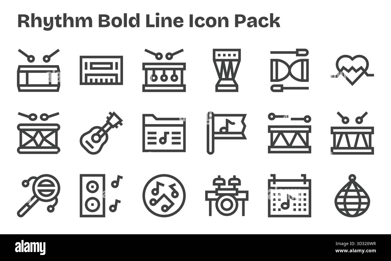 Professionell gestaltete 18 Symbole im Bold Line-Stil, die das Wesen von Rhythm für das UI-Design einfangen. Stock Vektor