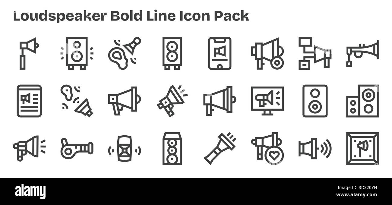 Entdecken Sie ein Set von 24 Bold Outline-Symbolen, die speziell für das Lautsprecherdesign entwickelt wurden und sich ideal für moderne UI/UX-Projekte eignen. Stock Vektor