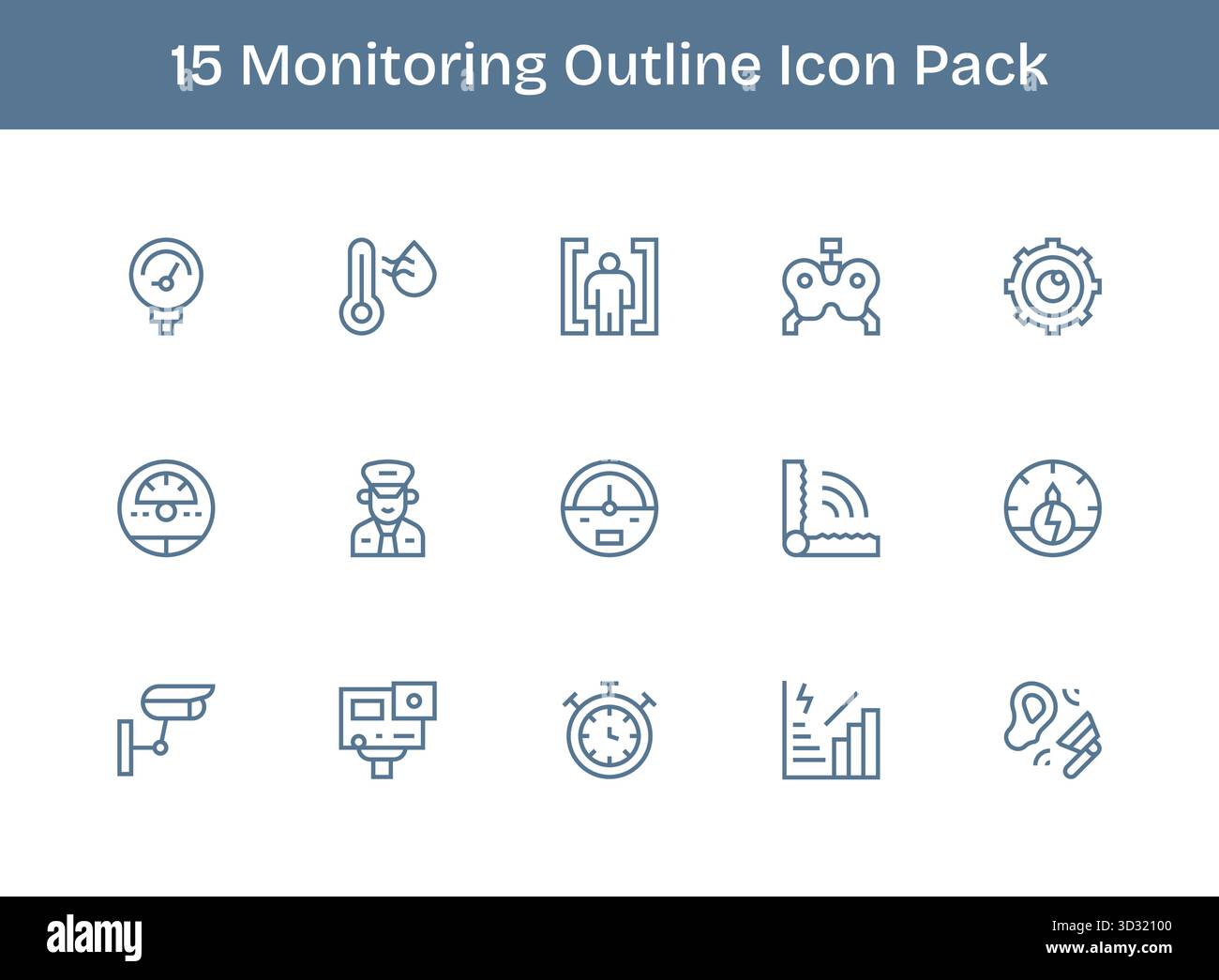 Set aus 15 Symbolen im Outline-Stil, die sich um die Überwachung drehen und für die nahtlose Integration in Apps und Websites konzipiert wurden. Stock Vektor
