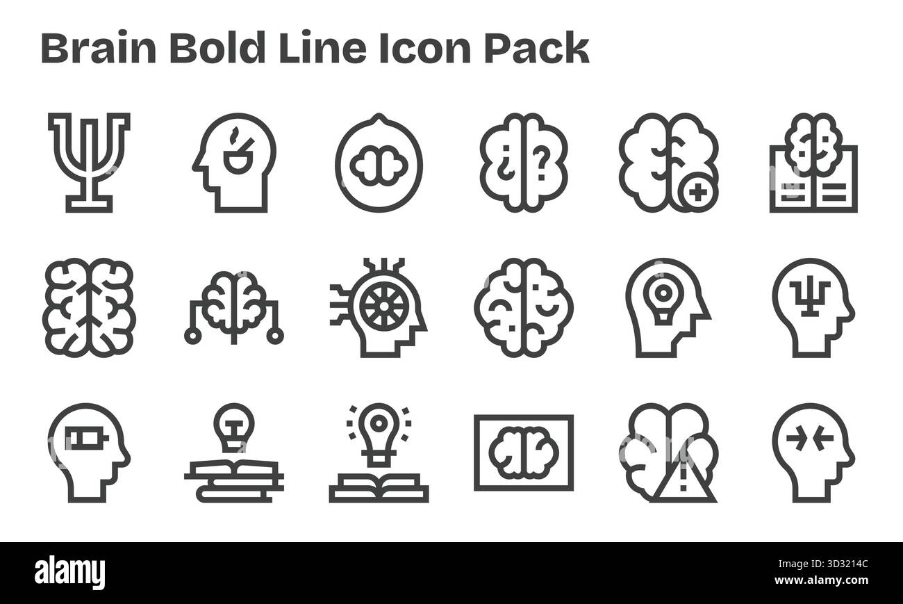 Entdecken Sie ein Set von 18 Bold Line Symbolen, die speziell für das Thema Gehirn entwickelt wurden und sich ideal für moderne UI/UX-Projekte eignen. Stock Vektor