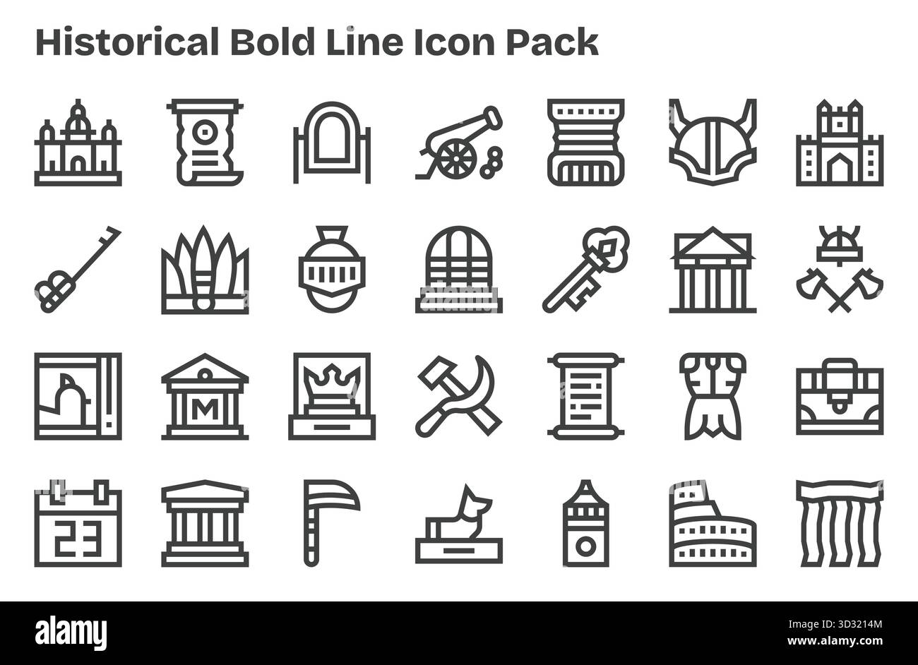 Vektorpaket mit 28 besonders fetten Linien, inspiriert von Historical, ideal für skalierbare und kreative Designarbeiten. Stock Vektor