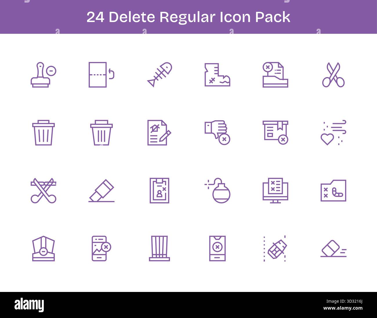 Ein vielseitiger Satz von 24 Vektorsymbolen für reguläre Konturen mit Schwerpunkt auf Löschen, ideal für mobile und Web-Anwendungen. Stock Vektor