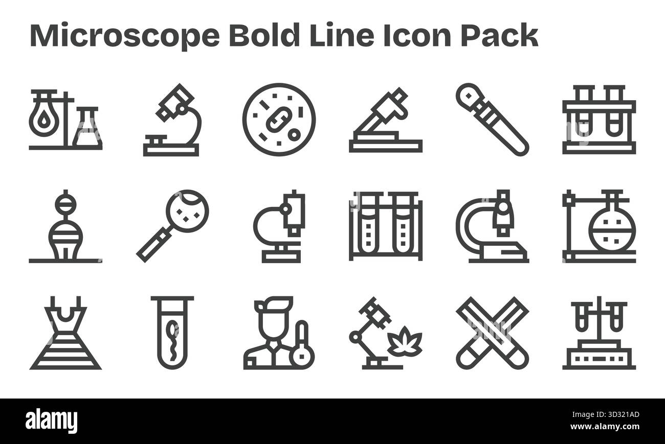 Laden Sie 18 skalierbare Bold Line-Symbole für Mikroskope herunter, die für professionelle und kreative Projekte geeignet sind. Stock Vektor