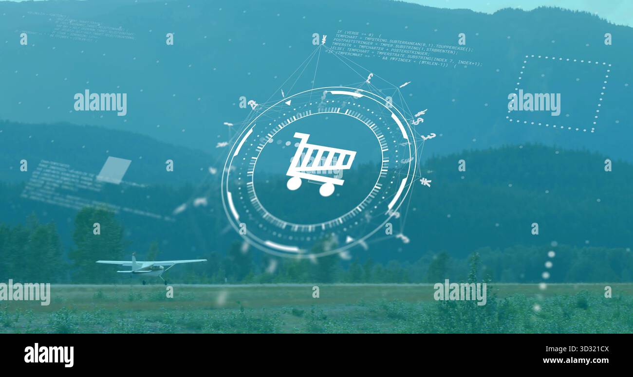 Das kreisförmige HUD zeigt das Symbol des Einkaufswagens über dem Gras Runway Valley, mit einem rollenden Flugzeug Stockfoto